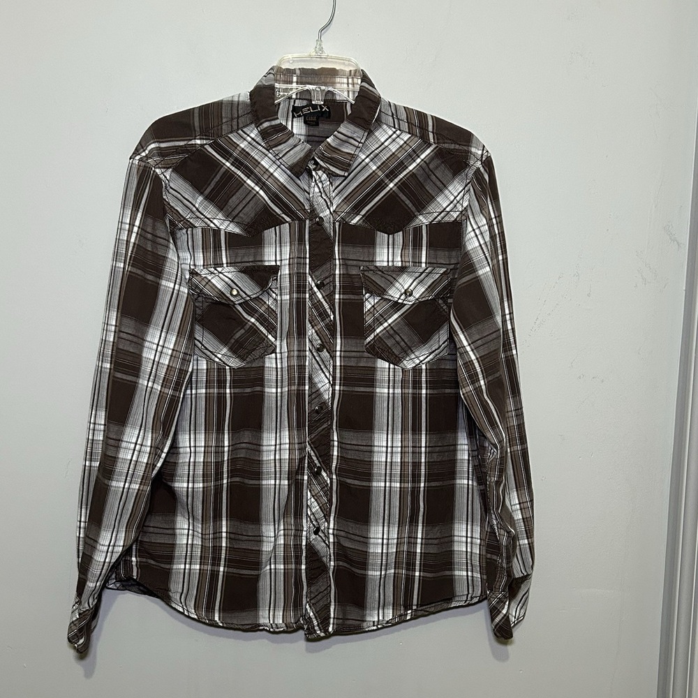 Helix Men's Large Brown Plaid Long Sleeve Shirt Western Pearl Snap‎ Mens Large